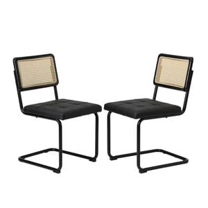 Oikiture 2x Rattan Dining Chair Cesca Replica Cantilever PU Leather Padded Black