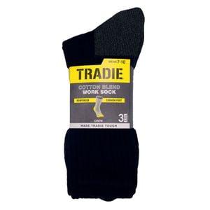 Tradie Men's Black Work Cotton Blend 3 Pack Crew Socks - Size 7-10