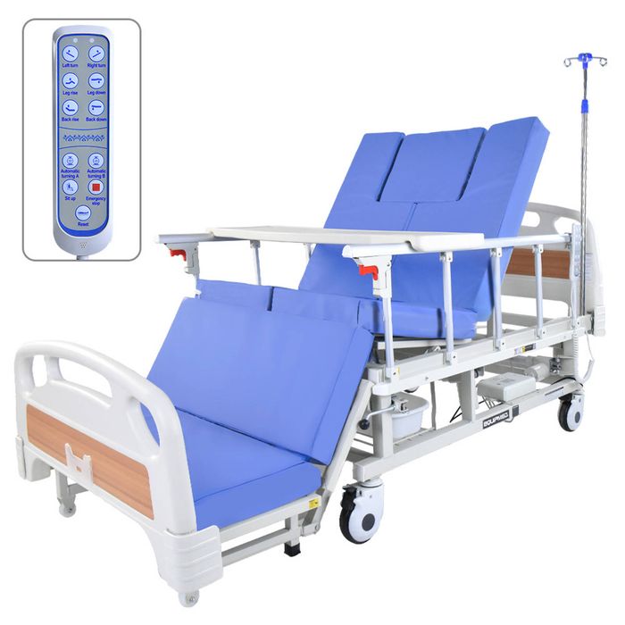 EQUIPMED Electric 8 Function Medical Bed , w/ Mattress & Over Bed Table, Adjustable Back and Leg Lifting, Lateral Tilting