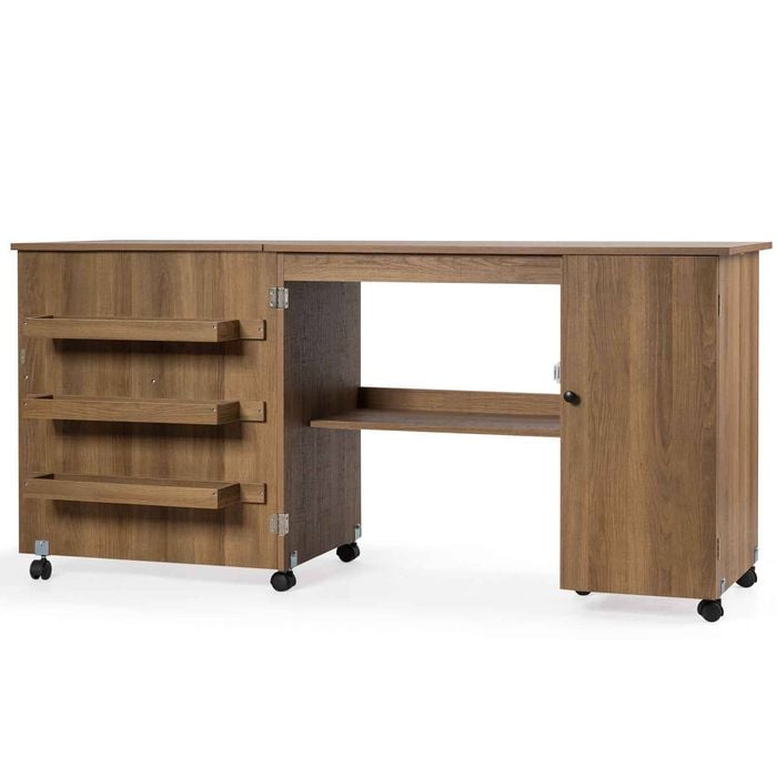 Costway 158.5x50cm Large Foldable Sewing Table Rolling Drop Leaf Natural
