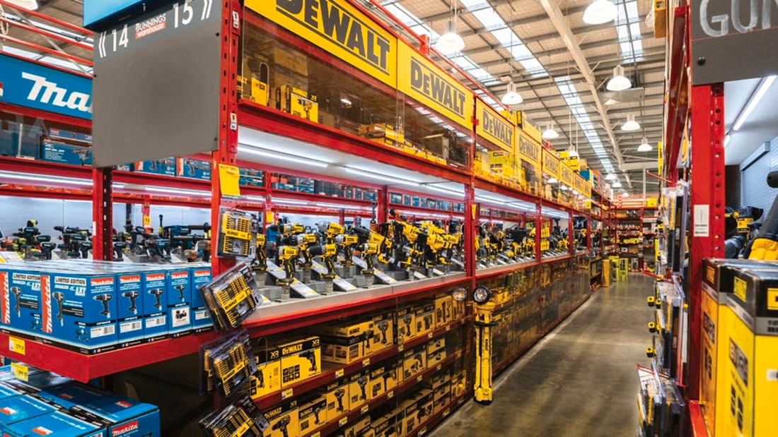 Makita and DeWALT power tools in Bunnings Warehouse aisles inside their revamped Tool Shop set-up