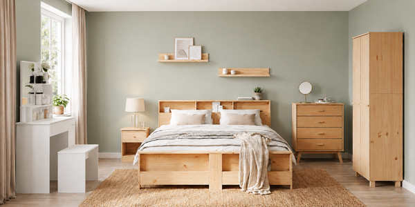 Bedroom featuring a timber bed frame, matching storage furniture, soft neutral furnishings and a calming modern interior.