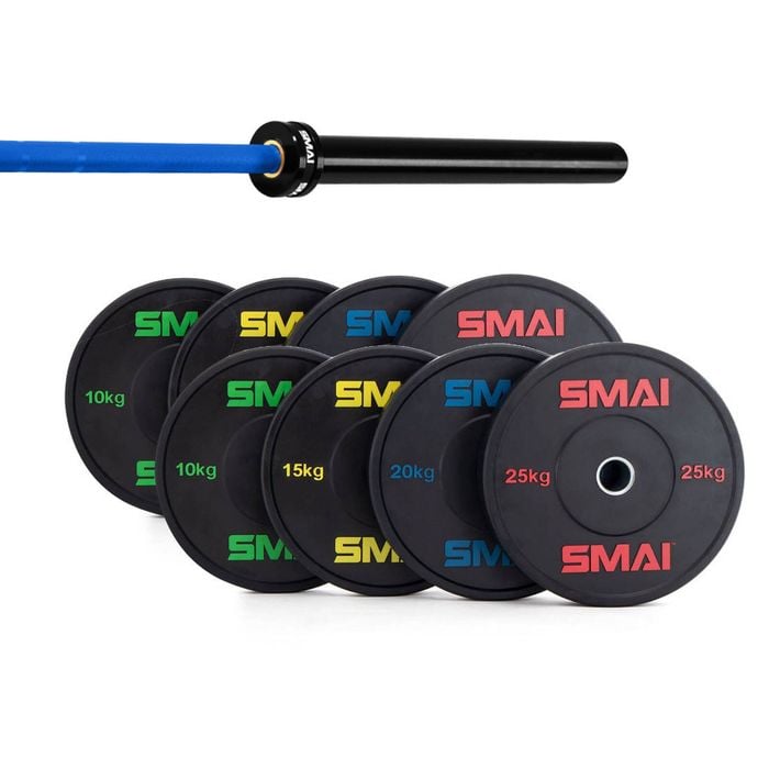 Smai 155kg Hd Bumper Plate Set Inc 15kg Barbell - 15kg Blue Barbell