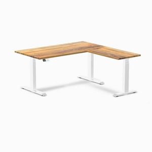 Desky L-shape Sit To Stand Teak Hardwood Desk 1500x1550mm White Height Adjustable Leg