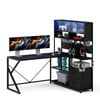 Ufurniture 155cm LED L shape Gaming Desk w/ Power Outlet Reversible Corner Computer Desk w/ Bookshelf & Drawer