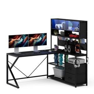 Ufurniture 155cm LED L shape Gaming Desk w/ Power Outlet Reversible Corner Computer Desk w/ Bookshelf & Drawer