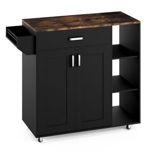 Advwin Kitchen Island Cart on Wheels with Charging Station Adjustable Shelves Spice Rack & Wood Top Black