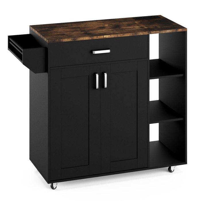 Advwin Kitchen Island Cart on Wheels with Charging Station Adjustable Shelves Spice Rack & Wood Top Black