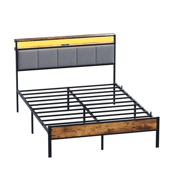 Ufurniture Queen Bed Frame with LED Lights and Charging Station
