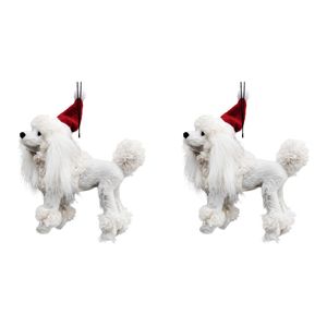 2PK Urban Poodle with Christmas Hat Hanging Decoration 11cm White