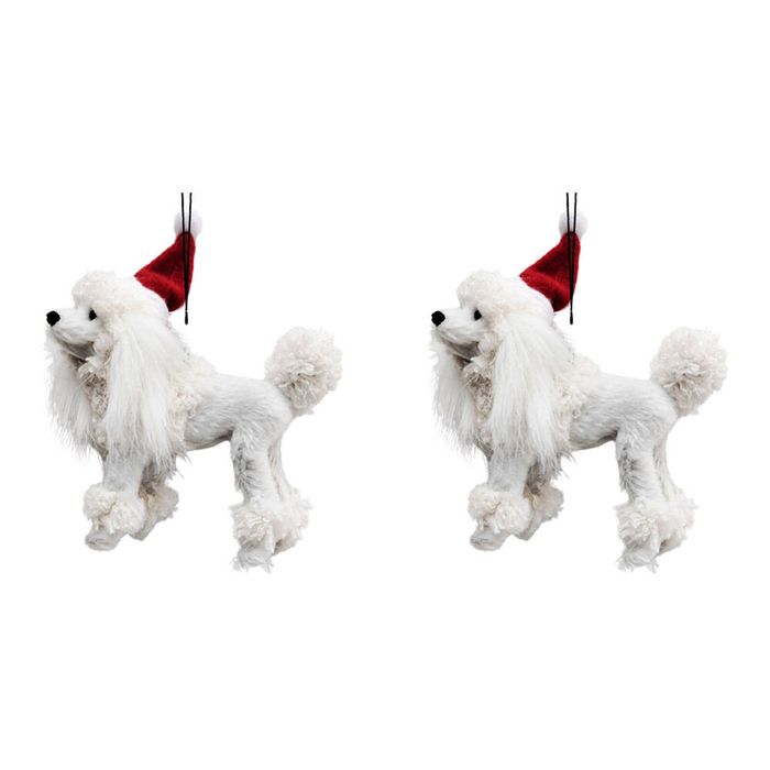 2PK Urban Poodle with Christmas Hat Hanging Decoration 11cm White