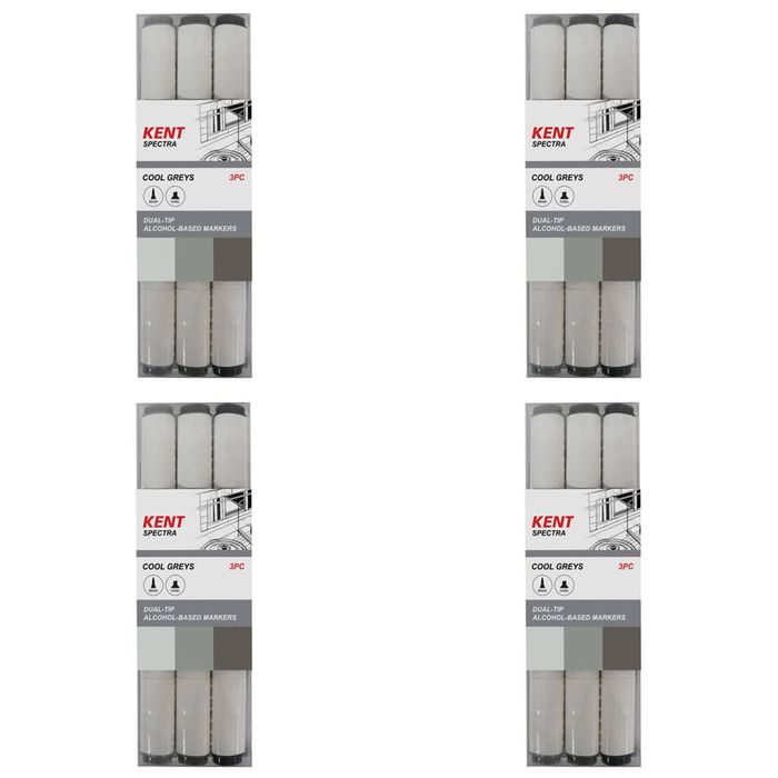 4x 3pc Kent Spectra Graphic Markers Brush Chisel Nib Drawing/design Cool Gre