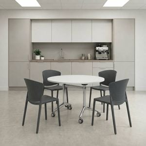 Olg Meeting Room Bundle: Modulus 1200mm Round Flip Table White + 4 Ripple Stackable Chairs Storm Grey