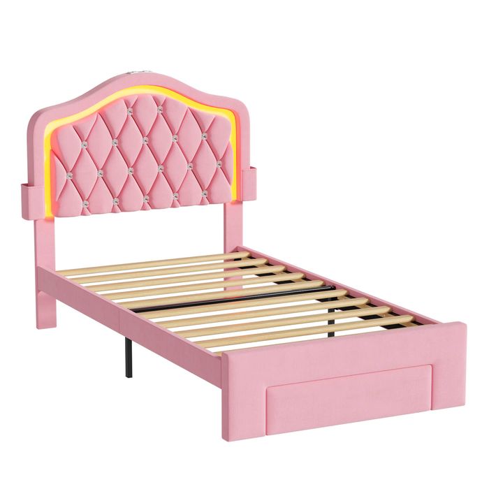 Ufurniture Adjustable Headboard Bed Frame with Drawer and Sockets King Single Pink