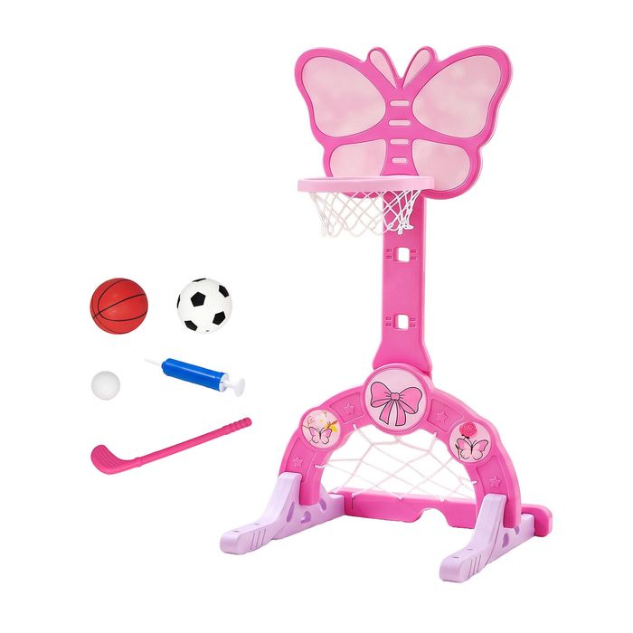 Keezi 3-in-1 Kids Basketball Hoop Soccer Goal Golf Game Set with Balls Children Sports Center Pink
