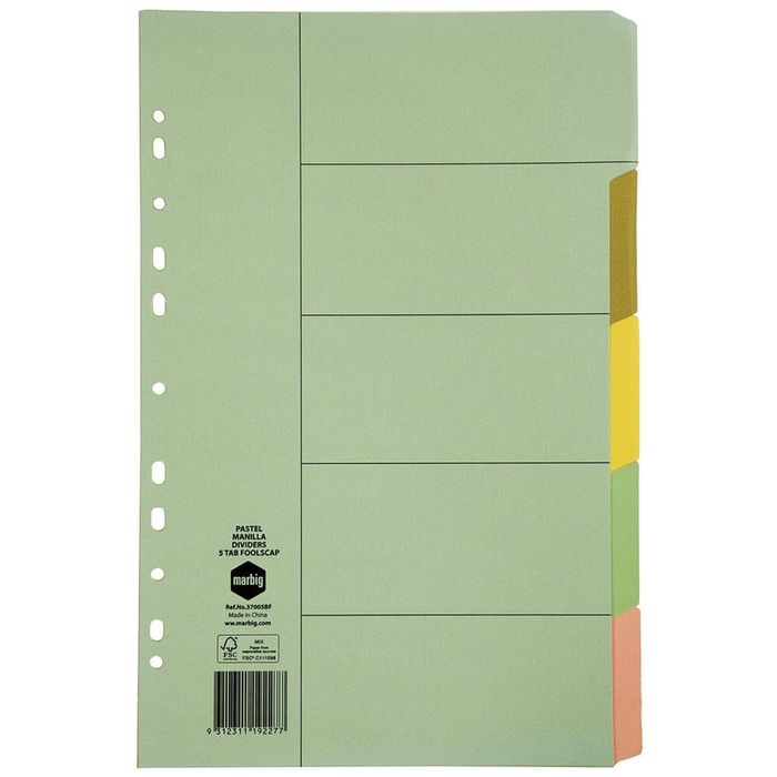 Marbig 5 Tab Manilla Dividers Foolscap (Pastel)