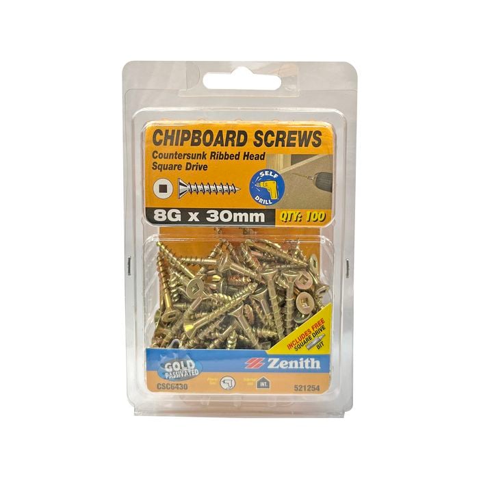 Zenith 8G x 30mm Gold Passivated Square Drive Chipboard Screw - 100 Pack