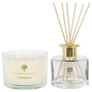 Soy Wax Scented Candle & Reed Diffuser Set - 350g - Lemongrass Fruity Summer Fragrance Double Wick