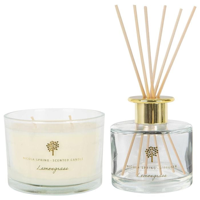 Soy Wax Scented Candle & Reed Diffuser Set - 350g - Lemongrass Fruity Summer Fragrance Double Wick