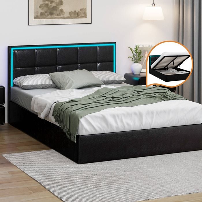 Oikiture Bed Frame RGB LED Gas Lift Double Black
