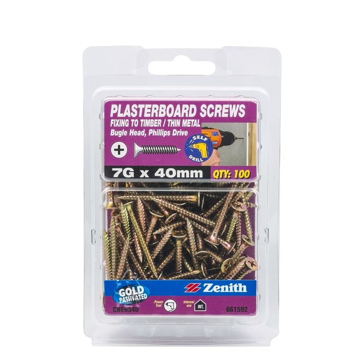 Zenith 7G - 16 x 40mm Needle Point Gold Passivated Plasterboard Screw - 100 Pack