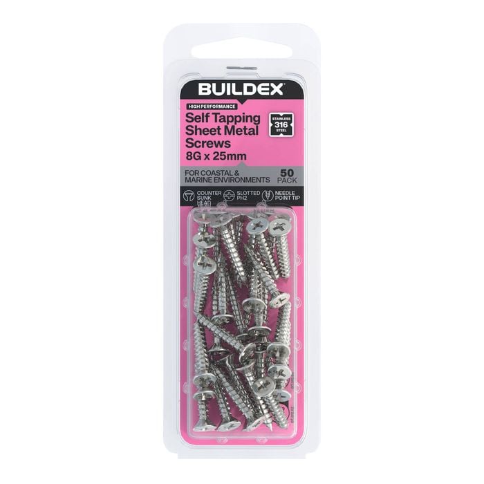Buildex Self Tapping Sheet Metal Screws 8G x 25mm SS316 - 50 Pack