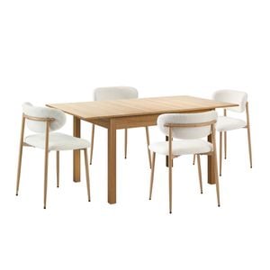 Oikiture 5pc Extenable Dining Table and Chairs Wooden Dining Set Boucle Natural