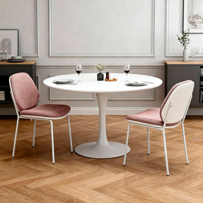 Homfurn Set Of 2 Modern Upholstered Dining Chair, Mid Century Armless Side Chair With Sturdy White Metal Legs, Light Pink