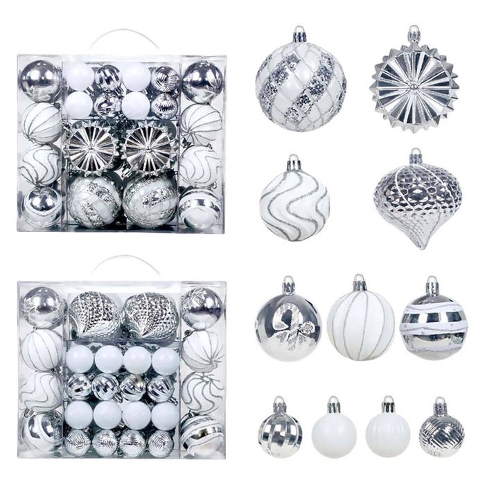 Catzon 48 Pcs Christmas Balls Ornaments Shatterproof for Xmas Tree Wreath-Silver White