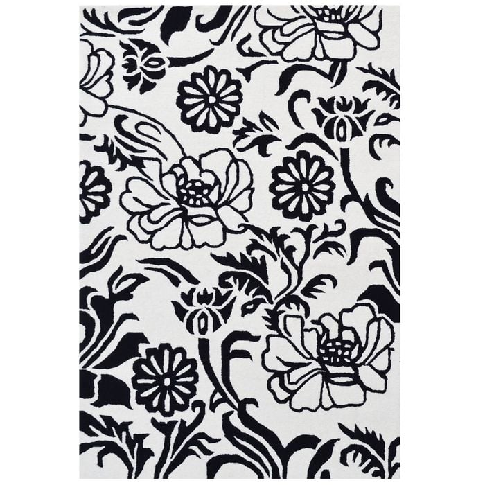 Designer Handmade Wool Rug-Wild Flower-619-Ivory Black-110x160cm