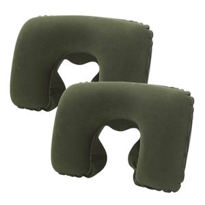 Catzon 2 Pcs Inflatable U-Shaped Pillow Flocked Fabric-Army Green