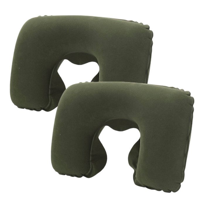 Catzon 2 Pcs Inflatable U-Shaped Pillow Flocked Fabric-Army Green