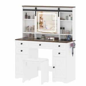 Advwin Farmhouse Makeup Vanity Desk with Sliding LED Mirror & Glass Tabletop Barn Door, Charging Station