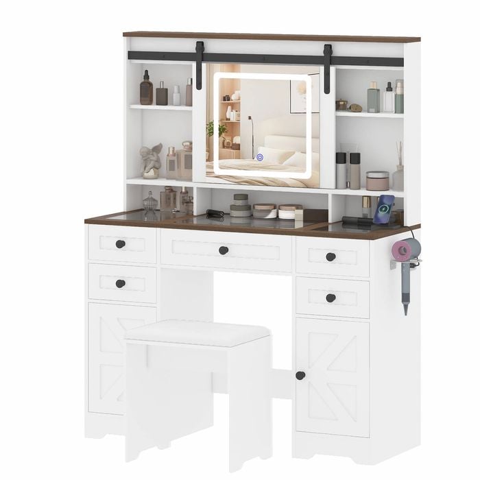 Advwin Farmhouse Makeup Vanity Desk with Sliding LED Mirror & Glass Tabletop Barn Door, Charging Station