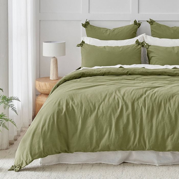 Dreamaker Bonnie Washed Cotton Quilt Cover Set With Bows Olive Queen Bed