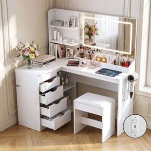 Homfurn L-shaped Corner Dressing Table – Led Mirror, Charging Station, 5 Drawers, Stool Included, White