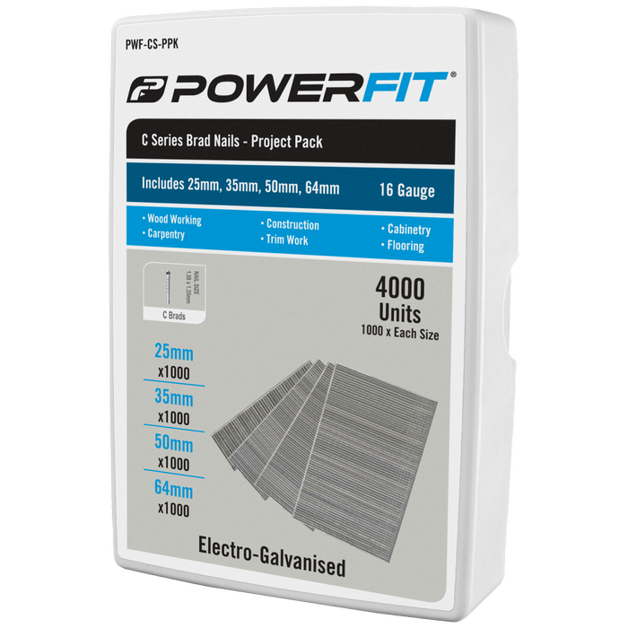 PowerFit C Series Electro-Galvanised Brad Nails Project Pack - 4000 Pack