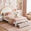 HOMFURN King Single LED Bed Frame, Velvet Upholstered Shell Headboard with Drawer, 180kg Capacity, White