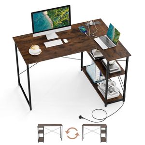 Costway L-Shaped Corner Computer Desk w/Power Outlet Reversible Gaming Table Brown