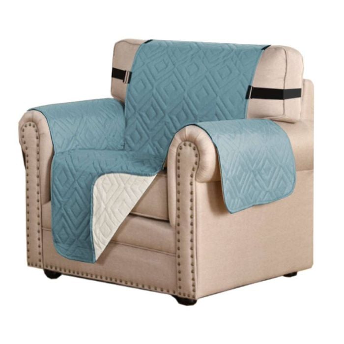 Smarcute 1 Seater Quilted Reversible Pet Friendly Non-Slip Sofa Cover with Straps Blue