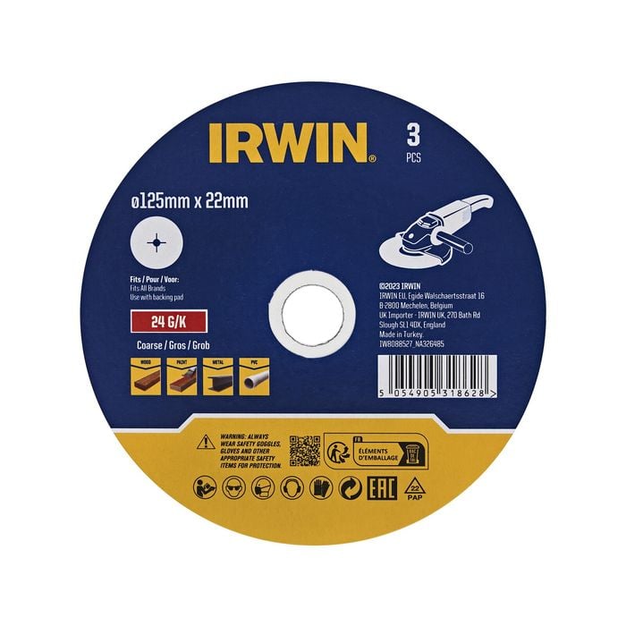 IRWIN 125mm 24 Grit Fibre Sanding Disc - 3 Pack