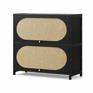FORET 5 Tier Black Shoe Cabinet Rattan Flip Door Storage Organiser 80cm