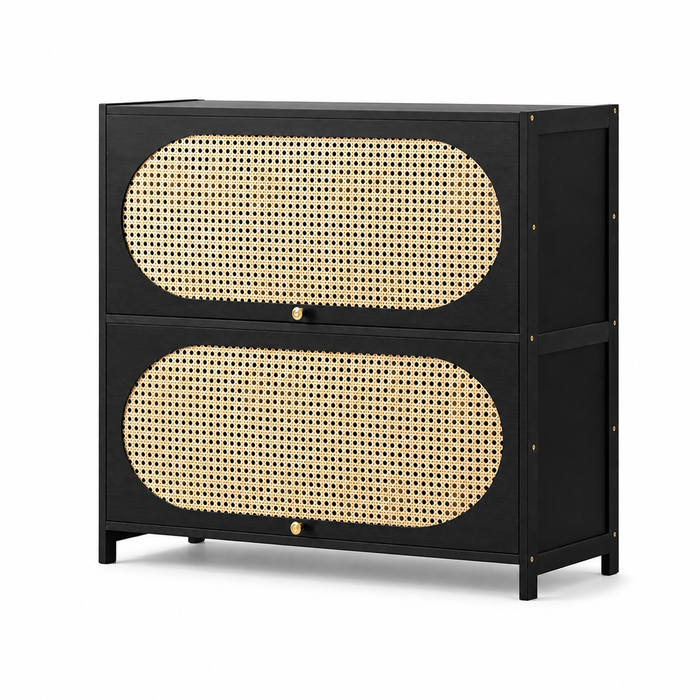 FORET 5 Tier Black Shoe Cabinet Rattan Flip Door Storage Organiser 80cm