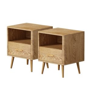 Oikiture Set of 2 Bedside Table 1 Drawer Open Shelf Nightstand Natural
