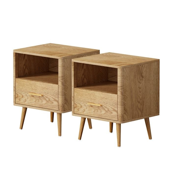 Oikiture Set of 2 Bedside Table 1 Drawer Open Shelf Nightstand Natural