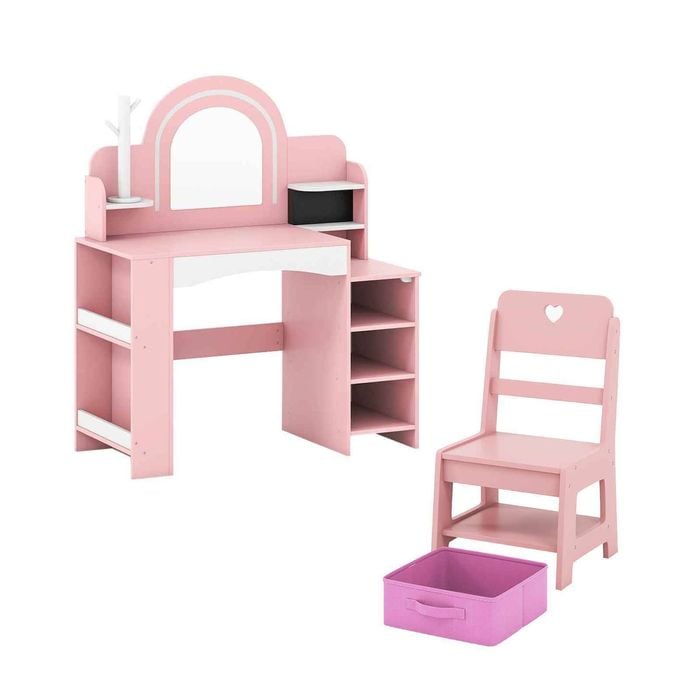 Costway Vanity Desk Makeup Dressing Table Chair Set Storage Shelf Pink