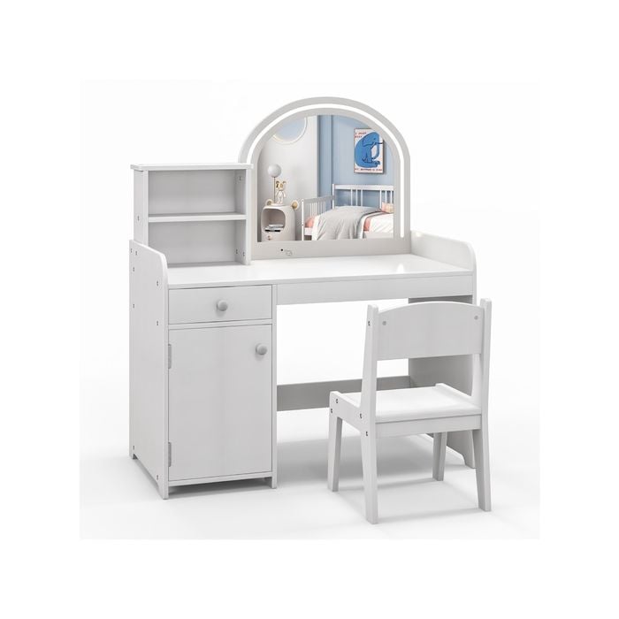 Costway Kids Makeup Vanity Table Study Desk W/2-color Led - White