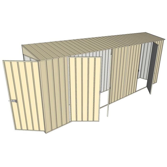Build-a-Shed 0.8 x 5.2 x 2m Single Hinged Door Skillion Shed with Double and Single Hinged Side Doors - Cream