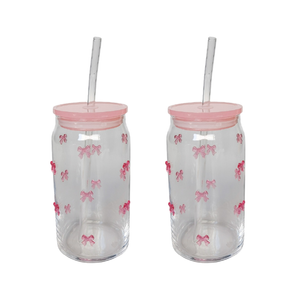 2x Urban Products Kaya Pink Bow Glass Can Drinkware W/ Straw 14cm