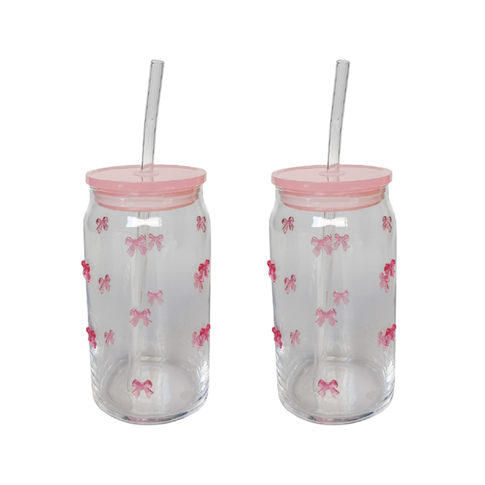 2x Urban Products Kaya Pink Bow Glass Can Drinkware W/ Straw 14cm